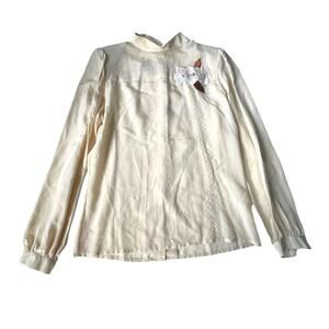 Vintage 1980s Silk Blouse Mock Neck Button Back Floral Embroidered Beaded 10